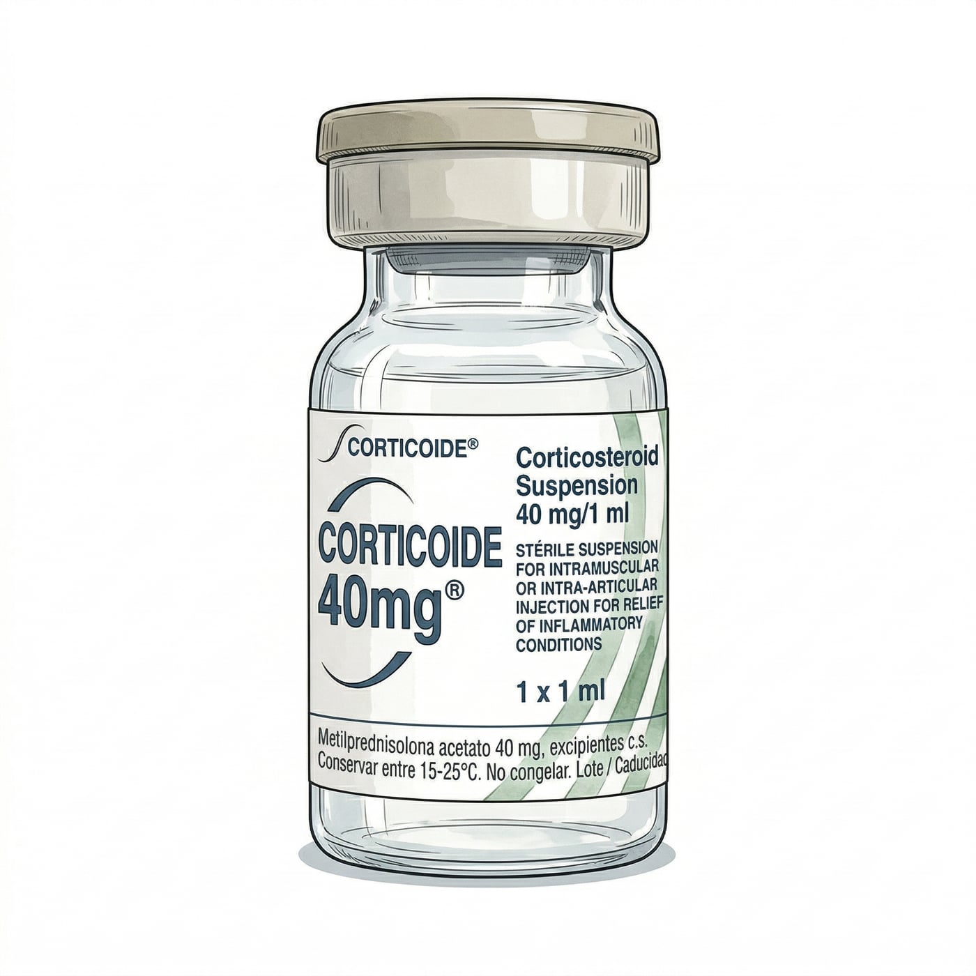Vial de corticoide y jeringa para infiltración intraarticular