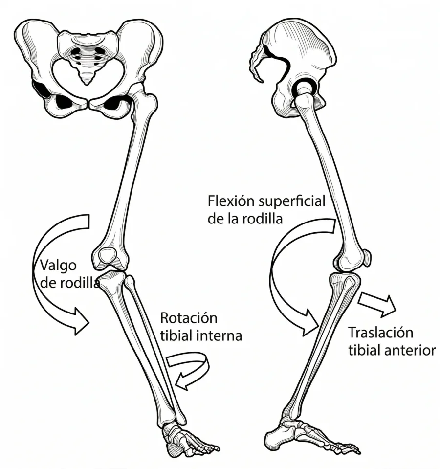 Mecanismo de lesi&oacute;n del LCA: valgo de rodilla con rotaci&oacute;n tibial interna y flexi&oacute;n superficial